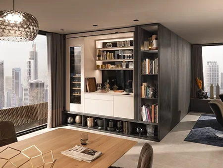 Vitrinek, megvilágított díszpolcok elrejtése a pocketrendszerrel